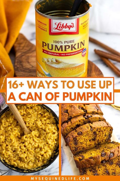 An empty can of pumpkin puree, a big pan of pumpkin mac and cheese, and a sliced loaf of pumpkin bread. Things To Make With Fresh Pumpkin, Whole Can Pumpkin Recipes, Recipes Using Canned Pumpkin Puree, Recipes Using Real Pumpkin, One Can Pumpkin Recipes, Ideas For Pumpkin Puree, How To Use Up Pumpkin Puree, Recipes With Canned Pumpkin Easy, Recipes For 1 Cup Of Pumpkin