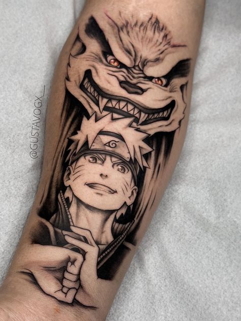 Naruto And Kurama Tattoo, Naruto Sleeve Tattoo, Kurama Naruto Tattoo, Naruto Kurama Tattoo, Kurama Tattoo Design, Naruto Shippuden Tattoo Ideas, Naruto Inspired Tattoos, Naruto Tattoo Ideas Design, Naruto Anime Tattoo