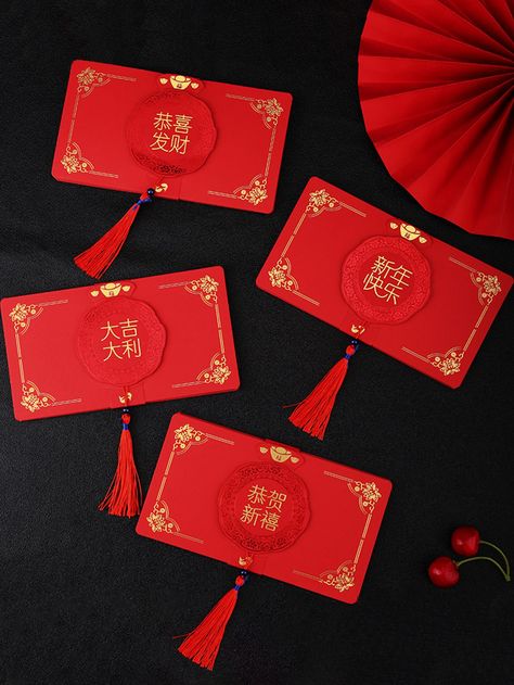 Red  Collar  Paper   Embellished   Event & Party Supplies Character Pattern, Tassel Decor, Festival Decor, Red Packet, Tassels Decor, Red Collar, Red Envelope, Chinese Characters, Event Party