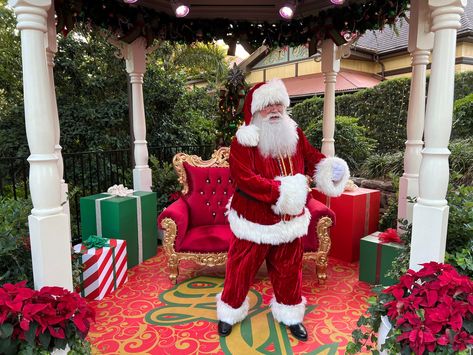 Santa Meet and Greet Happening Now in the Magic Kingdom Santa Meet And Greet, Red Velvet Suit, Red Bench, Meet Santa, Meet And Greet, Velvet Suit, Disney Addict, Travel Agent, Disney Vacations