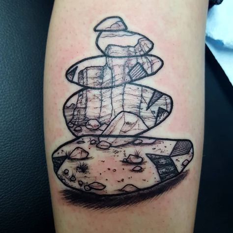 Miles Larsen on Instagram: “A desert scene set in this cairn to remind her of home. Fun stuff today #tattoosbymiles #buddhaboxstudios #sanantoniotattoos #rocks #utah…” Rocks Tattoo, Rock Tattoos Stone, Cairn Tattoo, Rock Tattoo Nature, Rock Cairn Tattoo, Stacked Rocks Tattoo, Rock Stack Tattoo, Cairn Tattoo Rock, Desert Tattoo