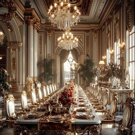 Manor Interior Aesthetic, Castle Dining Hall, Fantasy Palace Interior, Palace Dining Room, Sims Castle, Royal Palace Interior, Royal Castles Interior, Royal Dining Room, Royalty Room