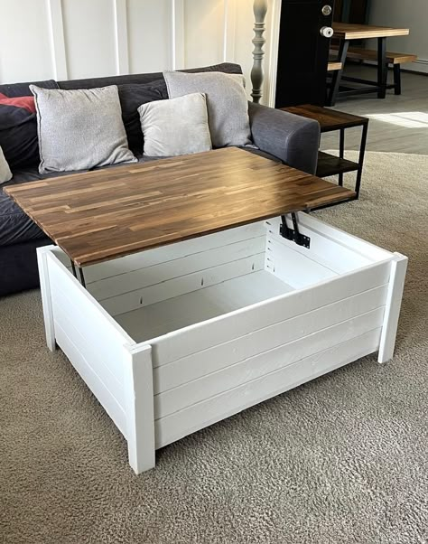 Diy Coffee Table Lift Top, Diy Coffee Table With Lift Top, Diy Lift Top Coffee Table Plans, Diy Square Coffee Table With Storage, Diy Coffee Table Storage, Coffee Table Storage Ideas, Storage Coffee Table Diy, Farmhouse Toy Box, Diy Lift Top Coffee Table