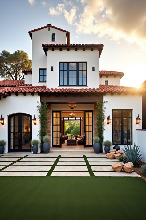 Stucco-walled ranch house with red tile roof. Ranch-style homes combine retro charm with modern ease, offering sprawling simplicity that’s as stylish as it is stair-free.