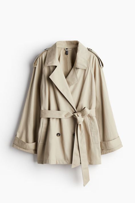 Short Trench Coat - V-neck - Long sleeve - Black - Ladies | H&M CA Short Trench Coat Outfit, Short Trenchcoat, Light Trench Coat, Short Trench Coat Women, Europe Adventure, Short Trench Coat, Trench Coat Outfit, Double Breasted Trench Coat, Suits And Jackets