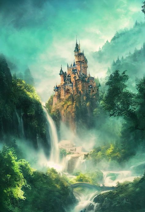 Elven Landscape, Magical Castle Fantasy Fairytale, Elven Castle, Fantasy Landscape Art, Castle Medieval, Dragon Castle, Forest Drawing, Castle Aesthetic, Heaven Art