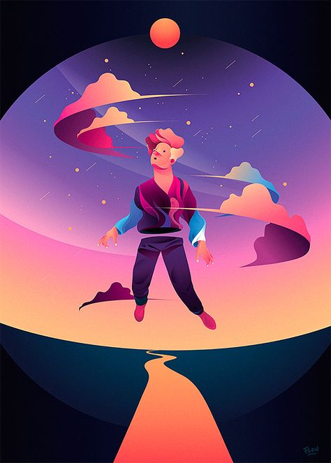 Illustrations by Florent Hauchard | Inspiration Grid | Design Inspiration Gradient Illustration Design, Space Design Illustration, Feeling Illustration, Block Illustration, Creation Art, Flat Design Illustration, Space Illustration, Abstract Illustration, Sanya