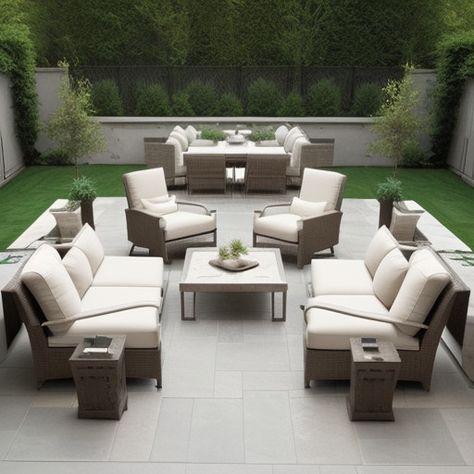 rectangle patio layout ideas Large Square Patio Ideas Layout, Patio Furniture Arrangement Ideas Layout, Patio Size Guide, Back Porch Furniture Layout, Square Deck Furniture Layout, Deck Layout Ideas Furniture Arrangement, Long Deck Furniture Layout, Long Patio Furniture Layout, Square Patio Layout