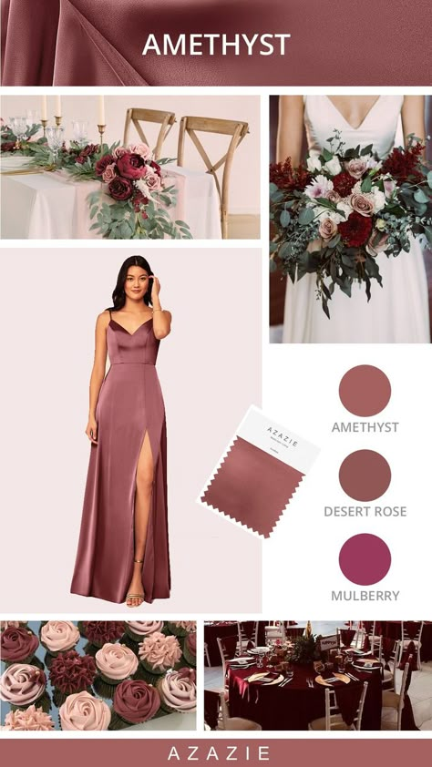 BIG NEWS! 🙌 Introducing NEW colors to the family. ⁠

⁠
✨Amethyst in Stretch Satin + Chiffon⁠
✨Martini in Stretch Satin⁠
✨English Rose in Stretch Satin⁠
✨Rose Gold in Stretch Satin⁠ Bridesmaid Dress Color Schemes, September Wedding Colors, Rose Wedding Theme, Beautiful Color Palettes, Romantic Wedding Colors, Mauve Bridesmaid, Wedding Color Pallet, Rose Gold Bridesmaid, Mauve Wedding