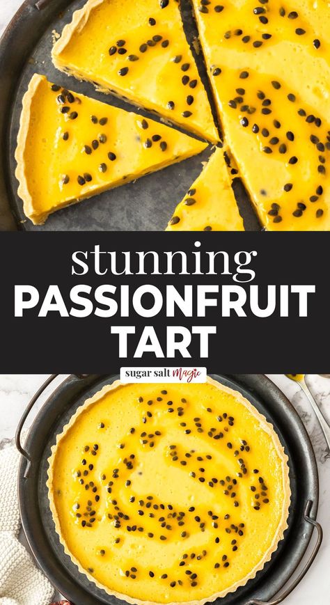 This passion fruit tart, with it’s crisp tart shell and easy passionfruit curd custard filling tastes as good as it sounds. It’s all kinds of tropical dessert bliss. This passion fruit tart is what tropical dreams are made of. Creamy passionfruit filling, in the most perfect shortcrust pastry tart crust. Beautiful and summery and it can't help but make you smile. It's somewhat ironic that I was photographing this gorgeous sunny looking tart in the midst of a solar eclipse. Passion Fruit Layer Cake, Passionfruit Tart Recipe, Passion Fruit Tart Recipe, Passionfruit Dessert Recipes, Passion Fruit Curd Recipe, Passion Fruit Cheesecake Recipe, Recipes With Passion Fruit, Passion Fruit Pie Recipe, Dessert Tart Recipes