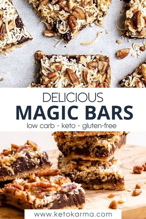 Who doesn’t love old fashioned magic cookie bars? They’re always a crowd favorite, but they’re definitely not keto friendly…until now. I’ve worked hard to create a recipe that would come close to the old fashioned version, with fewer carbs. These Keto Magic Bars fit the bill. Paleo Magic Bars, Keto Magic Bars Recipe, Keto Omg Bars, Keto Magic Cookie Bars, Keto Magic Bars, Keto Twix Bars, Keto Coconut Bars, Keto Magic Cookies, Keto Karma