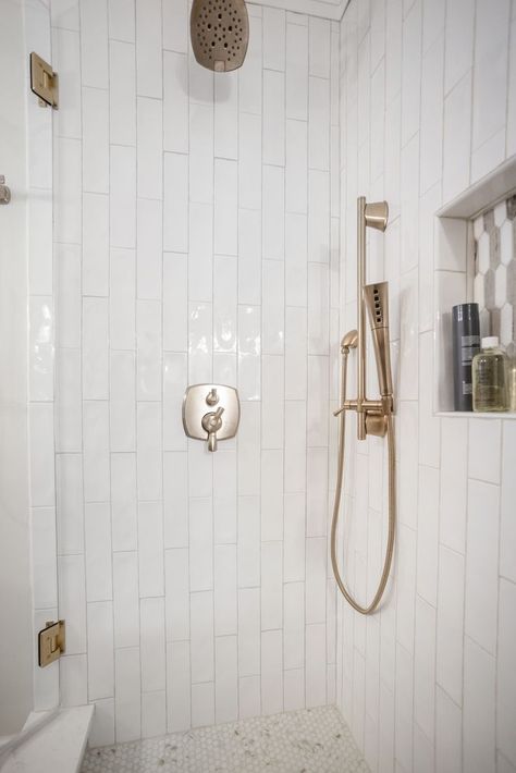 Neutral Shower Tile Ideas, Vertical Shower Tiles, Vertical Subway Tile Shower Ideas, Hallway Bathroom Ideas, Vertical Tile Shower Ideas, Vertical Subway Tile Bathroom, Neutral Master Bath, Vertical Shower Tile, Bathrooms Renovations