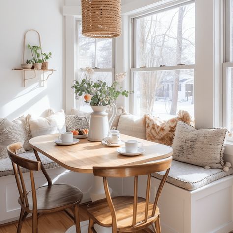 Corner Breakfast Nook Round Table, Desk And Dining Table Combo, Built In Eating Nook, Nook Tables Kitchen, Cozy Dining Nook, Apartment Kitchen Nook, Corner Nook Ideas Kitchen, Hygge Kitchen Inspiration, Kitchen Window Nook