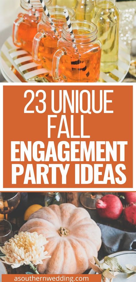 Plan a fabulous fall engagement party with these unique engagement party ideas. Your guests will be talking about it the rest of the year! #engagementparty #engagementpartyplanning #fallengagement #fallwedding #fallengagementparty #autumnengagementparty #autumnengagement #autumnwedding #cuteengagementpartyideas #engagementpartyinspo #backyardengagementparty Fall Engagement Decorations, Engagement Outdoor Party, Fall In Love Theme Engagement Party, Pumpkin Engagement Party, Small Engagement Party Themes, Engagement Party Photos Ideas, Small Engagement Dinner Ideas, Fall Themed Engagement Party Ideas, Engagement Party Ideas Restaurant