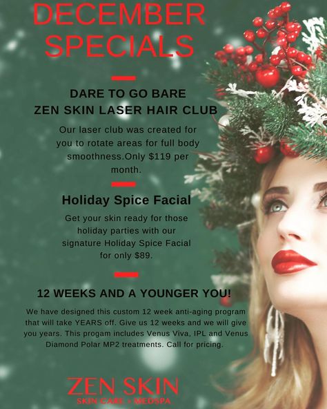 Zen Skin Med Spa on Instagram: “Hello #Holidays! Enjoy these specials + Give the #🎁 of #goodskin this #holidayseason For every $100 spent you will get a $20 gift card for…” Fall Specials For Spa, Spa Promotion Ideas Christmas, Esthetician Holiday Specials, Spa Holiday Promotions, Facial Gift Card, February Med Spa Specials, Hello Holidays, Spa Holiday, Spa Facial