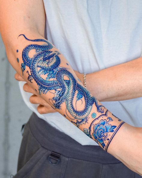 Dragon Half Sleeve, Blue Dragon Tattoo, Blue Ink Tattoos, Dragon Half, Bats Tattoo Design, Half Sleeve Tattoos, Bat Tattoo, Blue Tattoo, Dragon Tattoo Designs