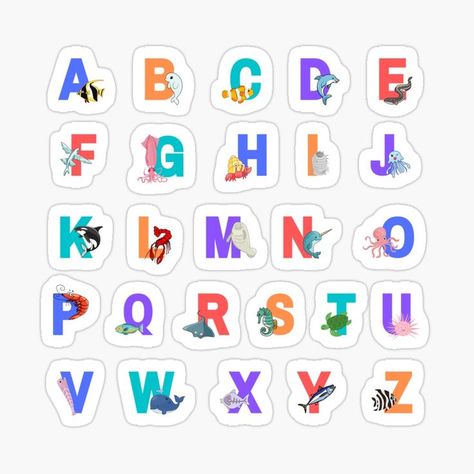 Sticker pack of colourful alphabet and matching sea animals. Sea Animals Cute, Alphabet Sticker, Alphabet Animals, Alphabet Stickers, Animals Cute, Animal Alphabet, Alphabet Print, Childrens Room Decor, Preschool Classroom