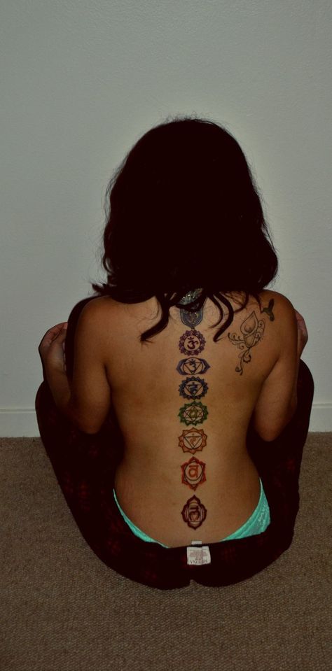 My chakras tattoo. Great way to start any new year. Really happy about this new addition The 7 Chakras Tattoo, 7 Chakra Back Tattoo, Chakra Tattoos Spine, Big Spiritual Tattoos, Arm Chakra Tattoo, 7 Chakra Spine Tattoo, 7 Chakras Back Tattoo, 7 Chakras Spine Tattoo, 7chakras Tattoo