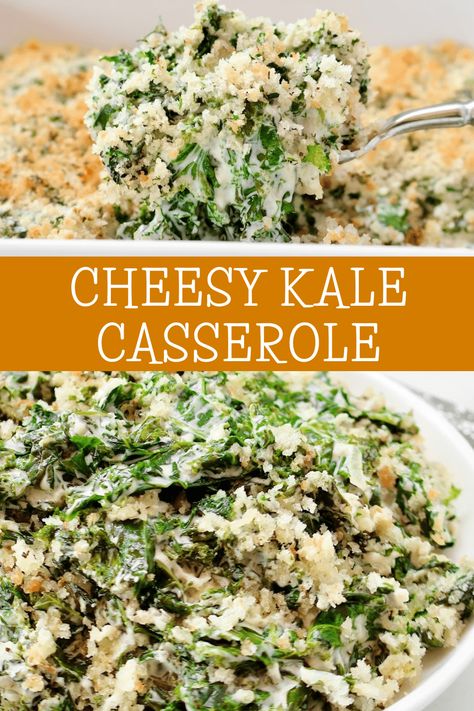 Kale Casserole ~ Fresh kale baked in savory cream sauce and topped with buttery breadcrumbs. Vegetarian or vegan. via @thiswifecooks Kale Casserole Recipes Healthy, Creamy Baked Broccoli And Kale, Low Carb Kale Recipes, Recipes With Kale Easy, Kale Side Dish Recipes, Creamed Kale Recipes, Frozen Kale Recipes, Recipes Using Kale, Kale Casserole Recipes