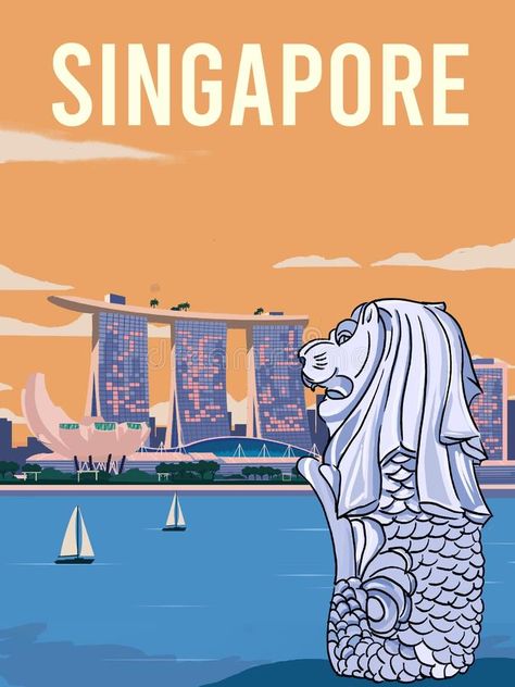 Illustration about Beautiful view Merlion and Singapore city skyline ilustration travel poster. Illustration of skyline, landmark, sunset - 166491098 Merlion Singapore, Singapore National Day, Singapore Art, Singapore Photos, View Sunset, Singapore City, City Icon, City Silhouette, Australian Travel