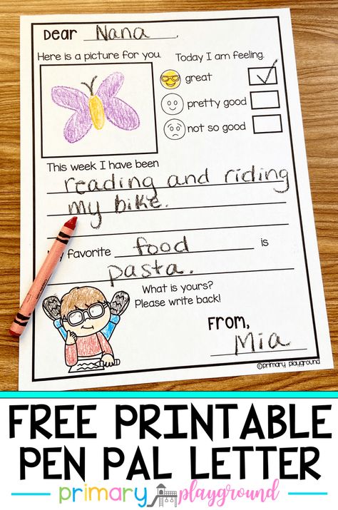 Free Printable Pen Pal Letter - Primary Playground Kindergarten Pen Pal Ideas, Grandparent Pen Pal Kit, Grandparent Pen Pal Ideas, Diy Letter Writing Kit, Kid Pen Pal Ideas, Teaching Letter Writing, Toddler Pen Pal Ideas, Pen Pal Letters For Kids, Kids Pen Pal Ideas