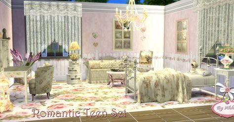 Alelore Sims - The Sims 3 & The Sims 4 custom content - Shabby chic, romantic and soho style walls and furnishings Sims 4 Shabby Chic, The Sims 4 Custom Content, Bedroom Romantic, Cc Shopping, Soho Style, Shabby Home, Sims 4 Dresses, Sims 4 Downloads, Sims 4 Update