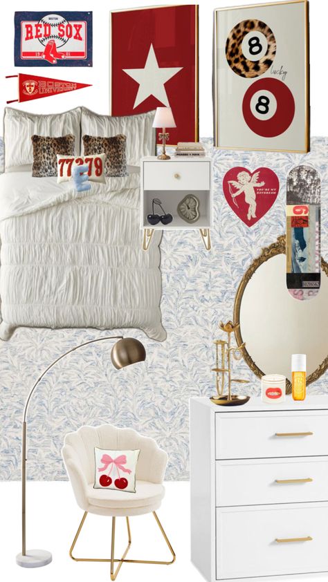 Red And Blue Bedroom Aesthetic, Red And White Room Aesthetic, Dorm Room Ideas Red, Blue And Red Room, Red Dorm Room Ideas, Red Bedroom Aesthetic, Blue Room Inspiration, Red Dorm, Cool Girl Rooms