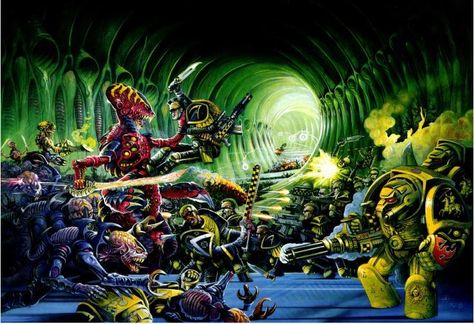 The Scythes of the Emperor board a Tyranid Hive Ship. Chris Achilleos, Zone Mortalis, Powered Armor, Space Hulk, Alien Artwork, Hulk Art, Warhammer 40k Art, Warhammer Art, Warhammer 40k Artwork