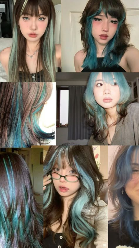 Mostly blue peekaboo Brown And Other Color Hair, Black Hair Color Underneath, Blue And Black Peekaboo Hair, Black Green And Blue Hair, Blue Curtain Bangs Brown Hair, Small Streaks Of Color In Hair, Dyed Bangs Blue, Dark Teal Hair Color, Partially Dyed Hair Ideas