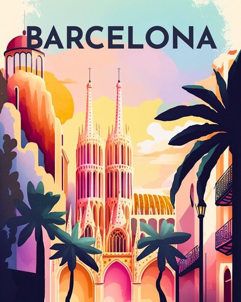 Diamond Painting - Travel Poster Barcelona Barcelona Painting, Spain Painting, Barcelona Travel Poster, Barcelona Art, Retro Travel Poster, Travel Wall Art, Learn To Paint, Vintage Travel Posters, Paint By Number