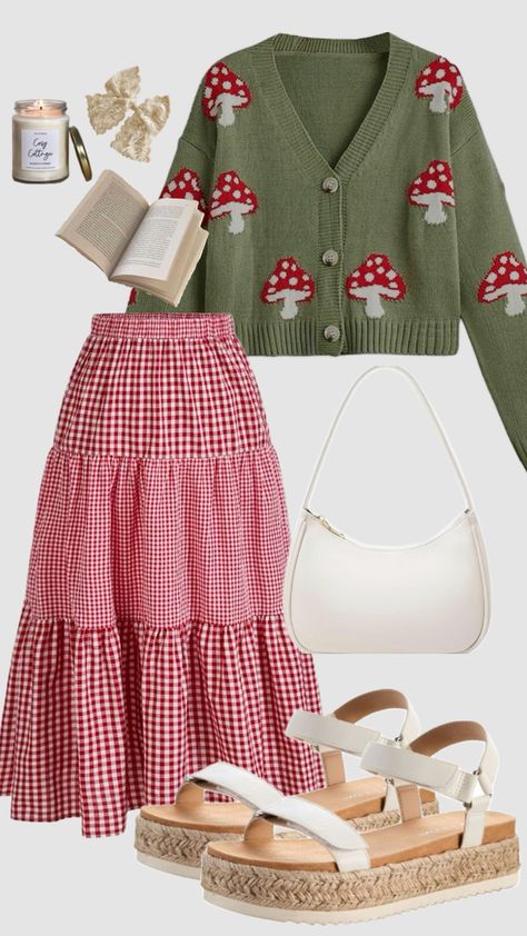 #greenaesthetic #mushrooms #cardigan #ootd #sweater #falloutfit #autumn #cottagecore #aesthetic #outfit #red #gingham #cozy #modestoutfit #churchoutfit #backtoschool Cottagecore Fall Outfits, Cardigan Ootd, Cottagecore Outfit Ideas, Mushroom Outfit, Autumn Cottagecore, Ootd Sweater, Skirt Outfits Aesthetic, Gingham Outfit, Cottagecore Outfit