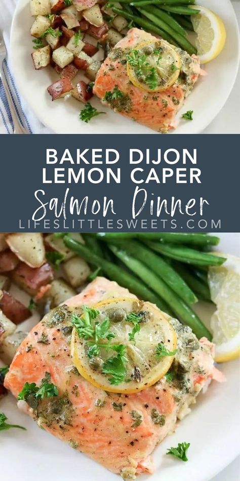 This Baked Dijon Lemon Caper Salmon Dinner is flavorful as it is delicious. Salmon lovers can rejoice with Dijon, lemon and caper flavor infused into melt-in-your mouth fillets of salmon. Served with roasted dill red potatoes and green beans, this dinner is sure to be a new family favorite! #salmon #greenbeans #potatoes #lemon #capers #Dijon #dinner #meal Lemon Caper Salmon, Red Potatoes And Green Beans, Salmon Capers, Baked Salmon Lemon, Capers Recipe, Potatoes And Green Beans, Dill Salmon, Lemon Dill, Salmon Dinner