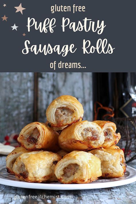 These are the gluten free Puff Pastry Sausage Rolls of your dreams! Meaty bites of deliciousness wrapped in light, flaky-layered gluten free Puff Pastry… baked to crisp, golden perfection. Gf Pastry, Gluten Free Sausage Rolls, Puff Pastry Sausage Rolls, Puff Pastry Dinner, Puff Pastry Recipes Savory, Gluten Free Ham, Schar Gluten Free, Gluten Free Sausage, Sausage Rolls Recipe