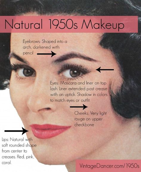 Authentic and natural 1950s makeup guide. How to create a vintage makeup look worn by real women in the 1950s. vintagedancer.com/1950s/1950s-makeup/ 1950’s Makeup, 1950 Makeup, 1950s Makeup Tutorial, 1950s Hair And Makeup, 1950's Makeup, 1950s Beauty, Make Up Guide, 1950s Makeup, 50s Makeup