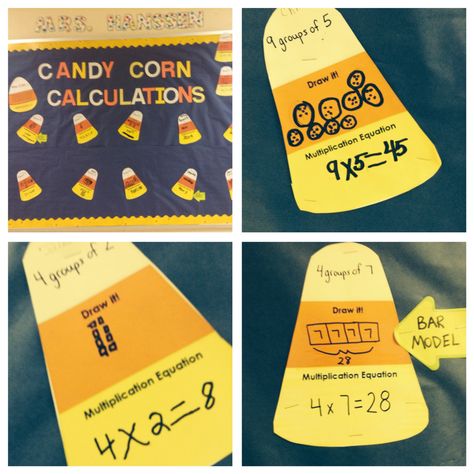 Candy corn calculations with multiplication models. Use as Halloween/fall bulletin board. Fall Multiplication Bulletin Board, October Bulletin Board Ideas 3rd Grade, Candy Corn Bulletin Board, Halloween Math Bulletin Boards, Fall Math Bulletin Board Ideas, Fall Multiplication Activities, Multiplication Crafts, Fall Math Bulletin Boards, Halloween Multiplication Activities