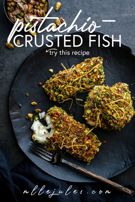 Pistachio Fish Recipes, Healthy Crusted Fish, Pistachio Crusted Tilapia, Pistachio Recipes Dinners, Pistachio Crusted Mahi Mahi, Herb Crusted Fish, Pistachio Crusted Grouper, American Fish Recipes, Pistachio Crusted Cod