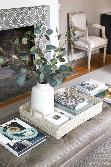 Simple coffee table decor I love! Tray, faux eucalyptus, and other accessories are linked in the post! #coffeetabledecor #livingroomideas #livingroomdecor Trays On Coffee Tables Living Rooms, Tray On Table Decor, Long Coffee Table Decor, Rectangle Coffee Table Tray Styling, Long Coffee Table Styling, Coffee Table Decor With Books, Long Table Decor Home, Trays On Coffee Tables, Decorating Trays Ideas