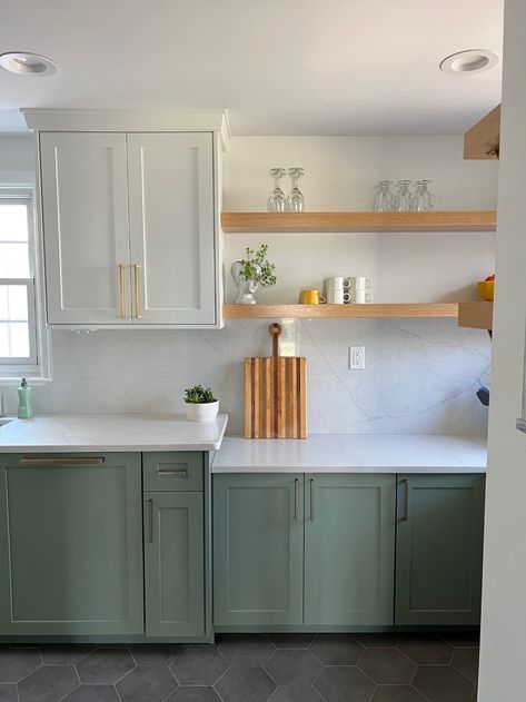 Small Galley Kitchen, Two Tone Kitchen Cabinets, Ideas For Storage, Sage Green Kitchen, Two Tone Kitchen, Green Kitchen Cabinets, Tiger Oak, Grand Haven, Green Cabinets