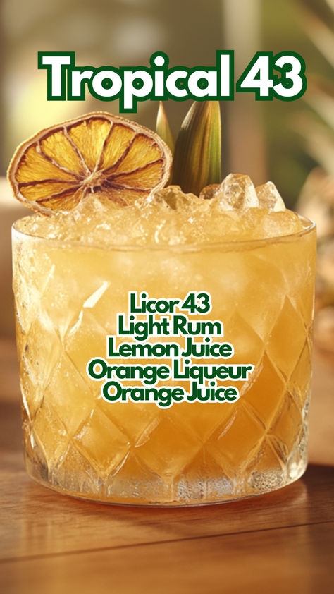 Tropical 43 Licor 43 Recipes Cocktails, Light Rum Drinks, Mango Juice Cocktail, Extravagant Cocktails, Liquor 43, Cocktail Cards, Tropical Cocktails, Tropical Drinks, Liquor Recipes