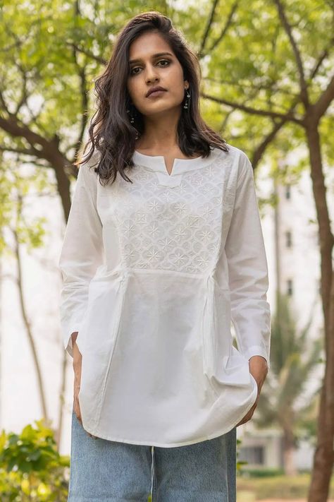 Shop for Sufia White Cambric Cotton Chikankari Zoey Short Tunic for Women Online at Aza Fashions Tunics For Women Indian With Jeans, Tunic Tops With Jeans Stylists, Tunics For Women Indian, Skirts For Fall, Latest Traditional Dresses, Formal Suits For Women, Simple Indian Suits, Short Kurti Designs, Kurti With Jeans