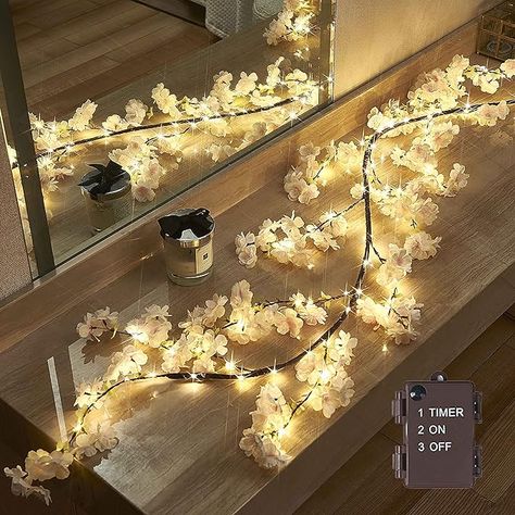 Amazon.com: LITBLOOM Cherry Blossom Garland with Lights Battery Operated with Timer 96 Fairy Lights, Lighted Flower Garland 6FT for Mantle Firepalce Wedding Party Decoration Indoor Outdoor : Home & Kitchen Cherry Blossom Decor, Material Wreaths, White Cherry Blossom, Eucalyptus Garland, Fall Garland, Unique Christmas Decorations, Viria, Cherry Blossom Flowers, Light Garland