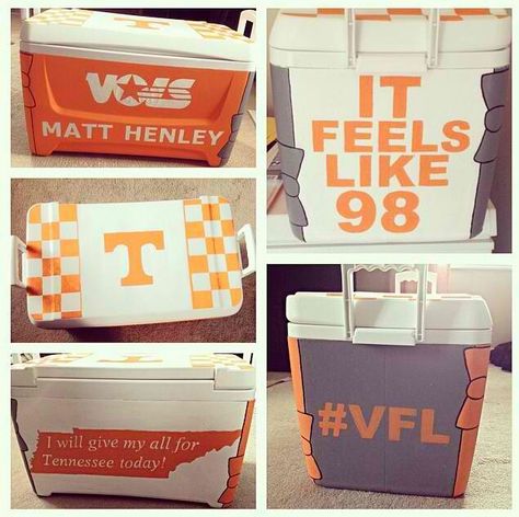 Tennessee cooler I painted for one of my guy friends. It's my favorite craft I've done so far! #vfl Nola Cooler, Formal Cooler Ideas, Fraternity Coolers, Frat Coolers, Cooler Painting, Sorority Paddles, Sorority Canvas, Beer Pong Tables, My Guy