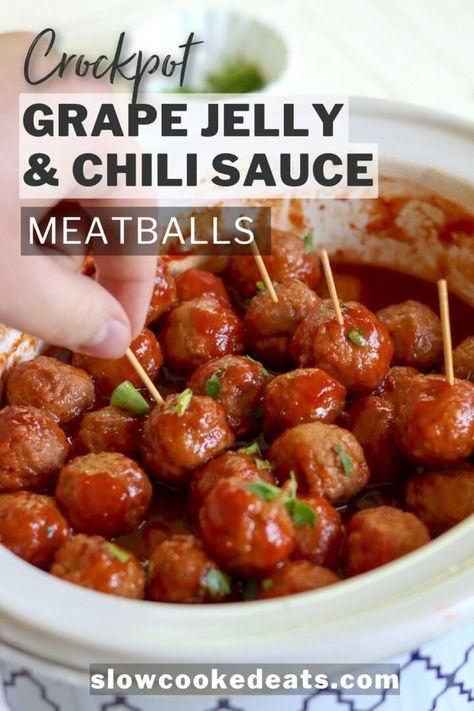 Super easy 3-ingredient slow cooker grape jelly meatballs with chili sauce! You will be totally surprised by how much flavor these delicious meatballs have - and with hardly any ingredients. One of the simplest appetizer recipes you can make, they are always the first thing to go at parties. Serve these as a dinner as well and spoon that fabulous sauce over rice with a side of veggies. Enjoy these crockpot meatballs! Grape Jelly Chili Sauce Meatballs, Meatballs Grape Jelly Chili Sauce, Crockpot Grape Jelly Meatballs, Jelly Meatballs Crockpot, Chili Sauce Meatballs, Grape Jelly Chili Sauce, Meatballs Sauce Recipe, Easy Crockpot Meatballs, Grape Jelly Meatballs Recipe