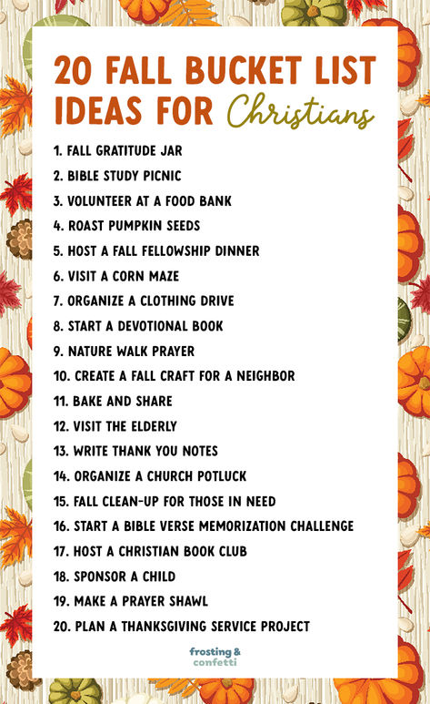 Get ready for an amazing autumn season with these 20 Fall Bucket List Ideas for Christians! From roasting pumpkin seeds, to cozy Bible study sessions, this list has it all. Don't miss out on the free printable checklist to keep track of your adventures. Christian Fall Bucket List, Christian Fall Activities, Fall Bible Study, Christian Bucket List, Autumn Traditions, Christian Autumn, 30 Bucket List, Roasting Pumpkin, Fall Bucket List Ideas