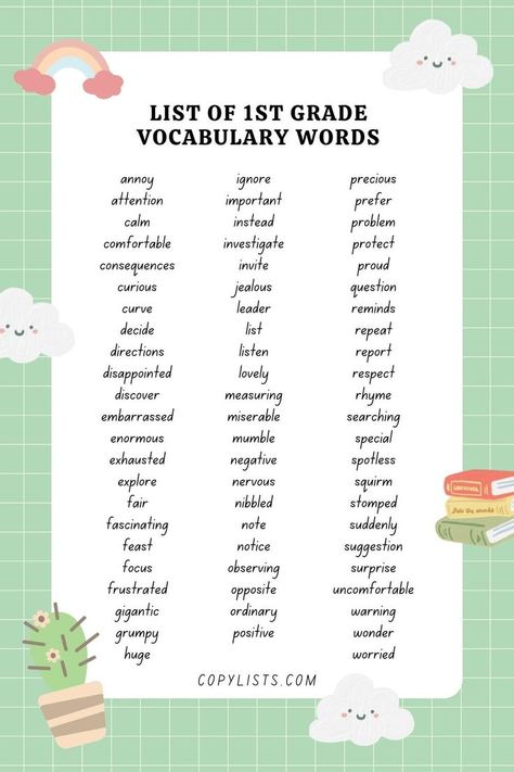 a list of 1st-grade vocabulary words First Grade Vocabulary, 1st Grade Vocabulary, List Of Vocabulary Words, Reading Strategies Anchor Charts, 1st Grade Spelling, English Vocabulary List, First Grade Words, Spelling Words List, New Vocabulary Words