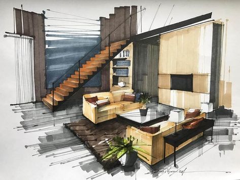 Living Room Sergei Tihomirov Portfolio D'architecture, Sketchbook Architecture, Rendering Interior, Perspective Sketch, Architecture Drawing Sketchbooks, Interior Architecture Drawing, Interior Design Renderings, Drawing Interior, Výtvarné Reference