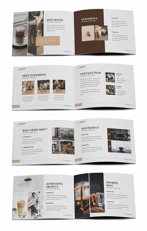 Coffee Shop A5 Brochure Template INDD - 24 pages Coffee Catalogue Design, Coffee Book Design, Coffee Book Layout, Coffee Catalogue, Coffee Shop Brochure, Cafe Brochure, Coffee Brochure, Graphic Design Book Layout, Coffee Table Book Layout