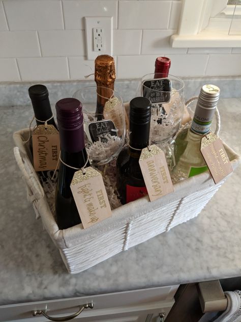 Wine Gift Basket of Firsts for Wedding Thank You Wine Basket, Wine Bottle Bridal Shower Gift, First Wine Basket Wedding, Basket Of Firsts Wedding Gift, Wine Wedding Gift Basket, Wine Bottle Gift Basket, Wine Raffle Basket Ideas, Birthday Wine Basket, Bridal Shower Wine Gift Basket