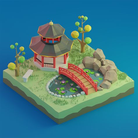 Isometric Garden, Low Poly Environment, Interior Design Portfolio Layout, Chinese House, Isometric Art, Isometric Illustration, Low Poly Art, Chinese Garden, Chinese Architecture