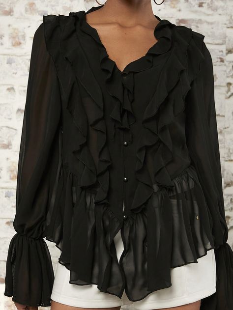 Black Casual Collar Long Sleeve Woven Fabric Plain Peplum Embellished Non-Stretch Spring/Summer Women Clothing Ruffled Tops, Ruffle Top Blouses, Black Ruffle Top, Top Blouses, Frill Blouse, Flounce Sleeve, Black Ruffle, Ruffle Top, Blouse Black